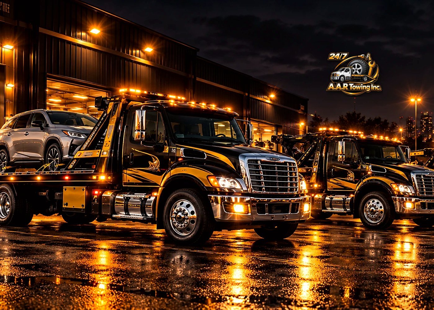 A.A.R Towing Inc. tow trucks lit up at night