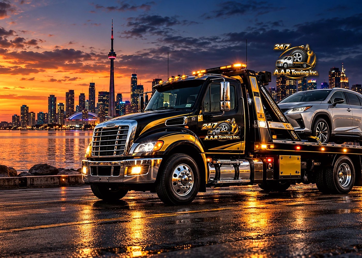 A.A.R Towing flatbed tow truck with the Toronto skyline — 24/7 towing in Toronto