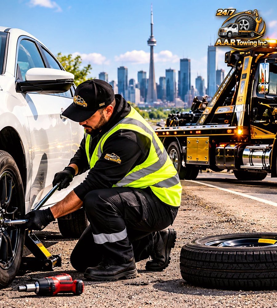 A.A.R Towing operator changing a flat tire in Toronto
